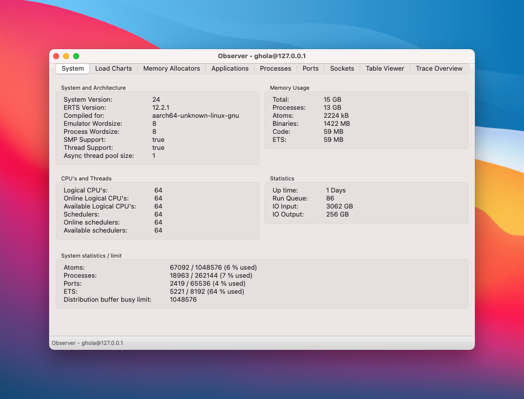 Elixir observer window, run queue is highlighted at 8