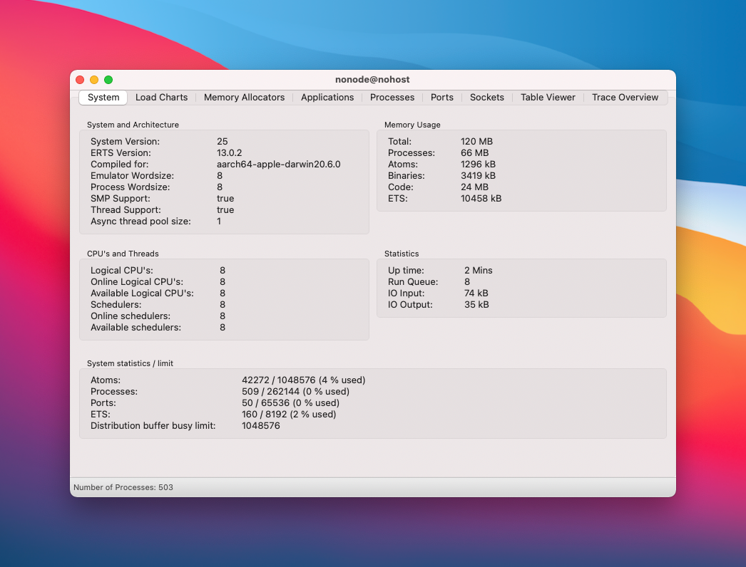 Elixir observer main window, showing various stats