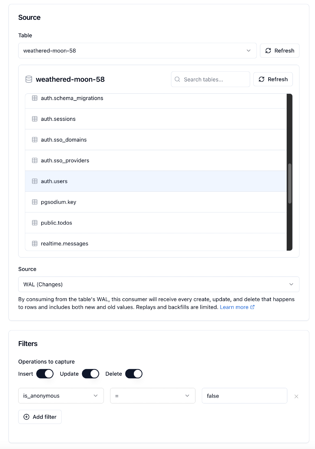 Sequin console, setting up consumer, indicating which table, operations, and WHERE filters you want on changes