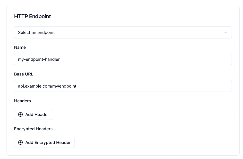 Configuring an HTTP endpoint for Sequin to send events to, complete with base url, path, and headers